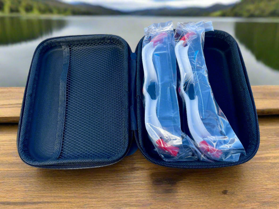 Black goggle case containing two pairs of goggles