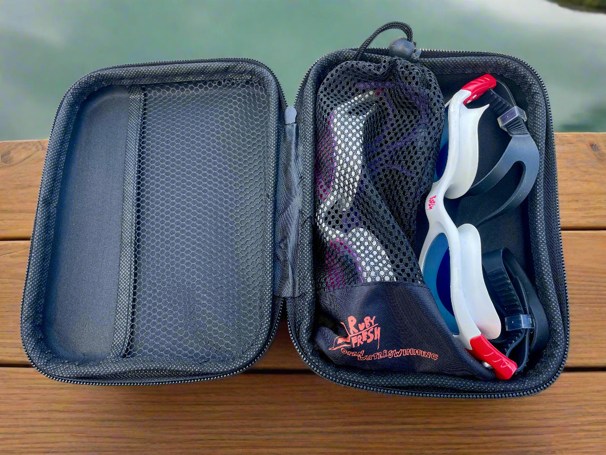 Open black case with swim goggles